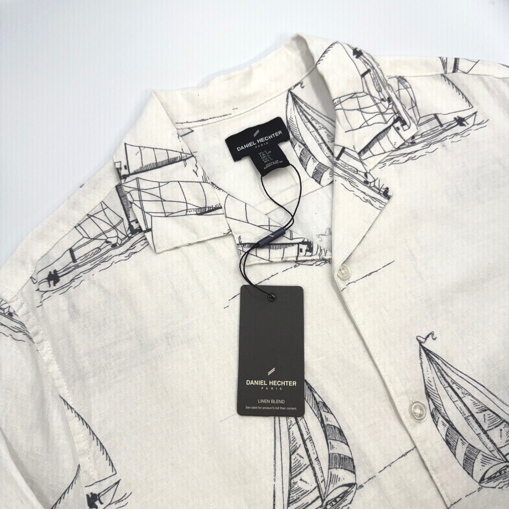 Daniel Hechter Mens Linen Blend Sailboat Nautical Short Sleeve Shirt Sm NWT